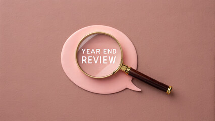 Year end review magnifying glass on speech bubble pink background modern flat lay emotional reflection