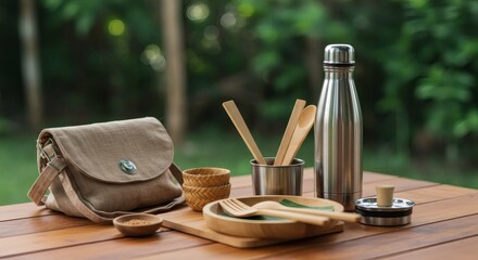 Eco friendly reusable travel kit with bamboo cutlery and stainless steel bottle on a wooden table outdoors.