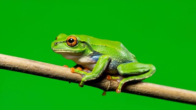 Green Screen Nature & Environment Green frog perched on a branch with changing background