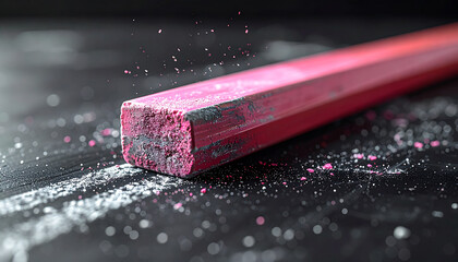 Artistic Chalkboard Composition: A close-up shot reveals a vibrant pink chalk piece resting on a classic chalkboard, with a freshly drawn white line, evocative of educational or artistic endeavors.