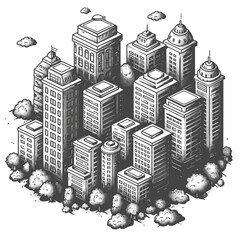 Illustration of a modern cityscape with high-rise buildings and trees, showcasing urban architecture in a simple 2D style