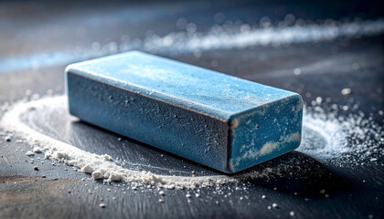 Eraser on Blackboard: An up-close shot of an eraser resting on a chalkboard, dust creating a circular pattern around it. A tool of education, symbolizing the potential for change and renewal.