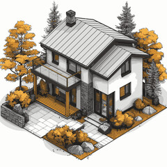 Modern house design with outdoor balcony and trees, showcasing orange foliage in a serene neighborhood setting