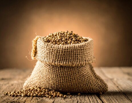 Close-up of a burlap sack brimming with raw, dried grains, set against a warm, rustic wooden backdrop, highlighting natural textures and wholesome goodness