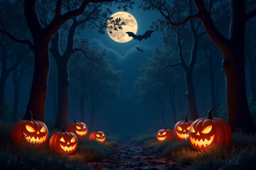 Fototapeta premium Halloween Background with Lanterns in Dark Forest in Spooky Night. Halloween Design in Magical Forest.