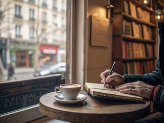 Person writing travel journal in a cozy, traditional bookstore cafe in Europe. Authentic cultural experience, slow travel, inspiration, and coffee shop lifestyle concept.