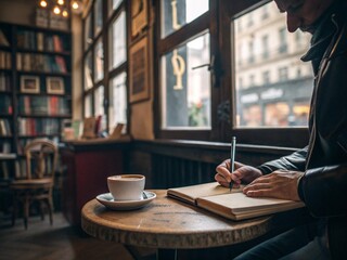 Person writing travel journal in a cozy, traditional bookstore cafe in Europe. Authentic cultural experience, slow travel, inspiration, and coffee shop lifestyle concept.