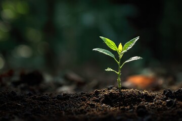 Fototapeta premium A small green tree seedling sprouts in the forest soil environmental sunlight.