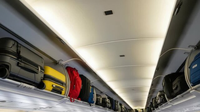 Inside an airplane cabin overhead bins are fully loaded with diverse luggage including black yellow red and blue bags Passengers occupy rows of seats below with window view of clouds