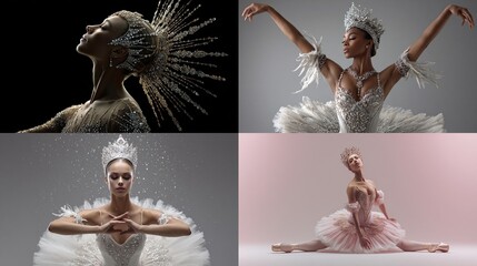 Four elegant ballet dancers pose in sparkling crowns, white & pink tutus, graceful, against soft backgrounds
