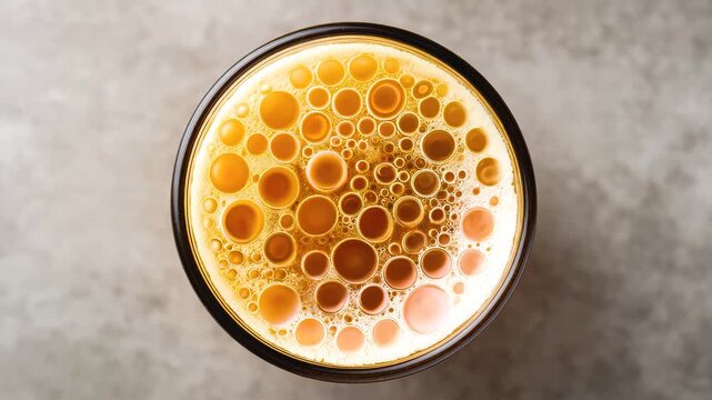Artistic top view of scoby forming circular with bubbles in amber liquid fermentation kombucha showcasing golden bubbles on liquid surface