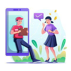 Delivery Service Illustration of a Woman Receiving Package From a Man Through Phone Screen with Checkmark on Transparent Background