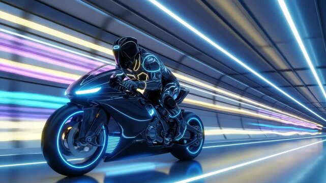 futuristic motorcyclist in sleek black suit with glowing blue and yellow lines races matching bike through vibrant illuminated blue tunnel high-speed digital scene