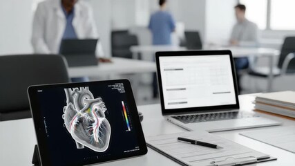 tablet displays 3D heart scan with highlighted vessels A laptop shows medical data with clipboard pen and papers Blurred medical professionals are visible in the background - Powered by Adobe
