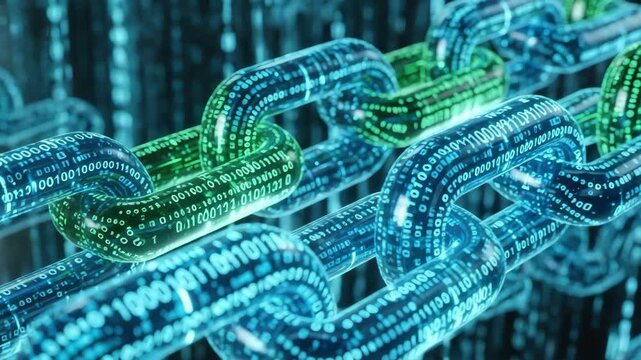 Interlocking transparent chain links glow with vibrant blue and green binary code illustrating complex data connections and secure distributed ledger technology in digital realm