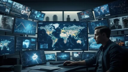 man monitors multi-screen control room with large world map financial graphs live video feeds data streams and abstract digital visuals managing complex global information - Powered by Adobe