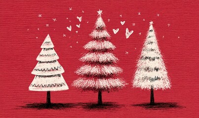 Festive hand drawn christmas tree composition with textured red background and doodle accents