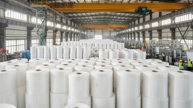 vast industrial warehouse features numerous stacked white material rolls likely fabric or paper occupying most of the floor Production machinery operates in the background with workers present under a