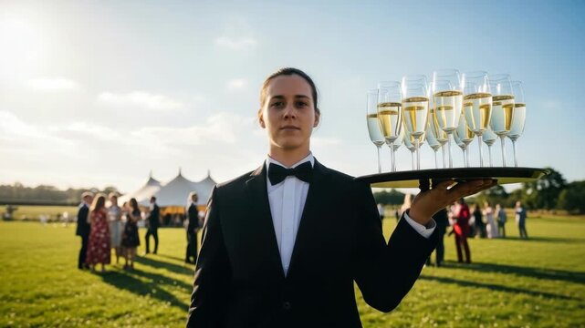 formally dressed server holds black tray with twelve sparkling drink flutes Guests mingle in the sunny grassy field at an upscale outdoor event featuring large white marquee tent