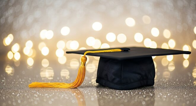 Graduation Cap and Diploma with Gold Trophy on Sparkling Background Celebrating Academic Achievement and Success