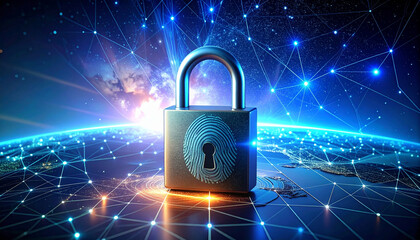 Padlock and fingerprint with digital network lines &ndash; cybersecurity concept