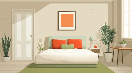 Sunny bedroom with bed, art, plants, bedside table, and window