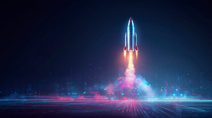 Dynamic Rocket Launch from a Glowing Cyberpunk City