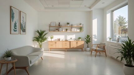 Minimalist office waiting room design with plants and natural light