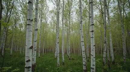 Obraz premium Spring birch forest with bright green leaves
