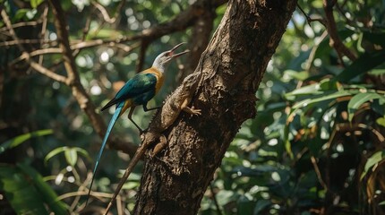 Exotic bird with long tail and lizard on rough tree bark