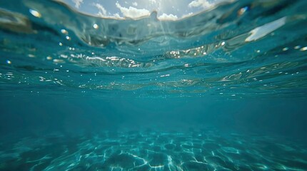 Underwater view of turquoise water surface and sunlight