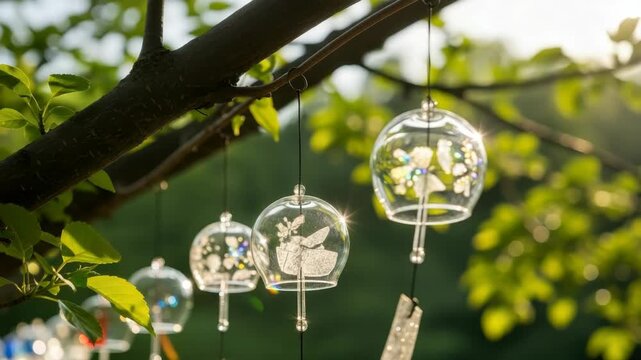 Delicate glass bell-shaped chimes adorned with etched butterflies and hearts hang gracefully from verdant tree branch shimmering under the warm golden sun serene natural display