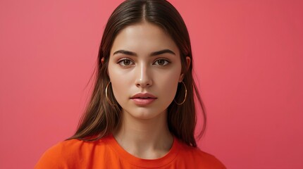Studio beauty portrait young woman serious expression orange shirt