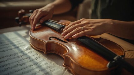 Musician hands resting on a shiny violin and sheet music score