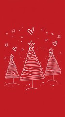 Playful doodle style christmas trees with star toppers and heart ornaments on red background