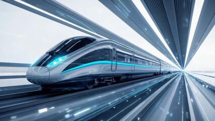 modern silver high-speed train with glowing blue lines speeds dynamically through bright futuristic tunnel The sleek design sharp headlights and motion blur evoke advanced rapid transit - Powered by Adobe