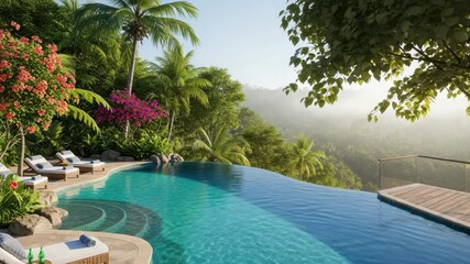 luxurious infinity pool overlooks misty jungle valley Lush tropical greenery with palm trees vibrant red and purple flowers and sun loungers with drinks creates serene exotic scene