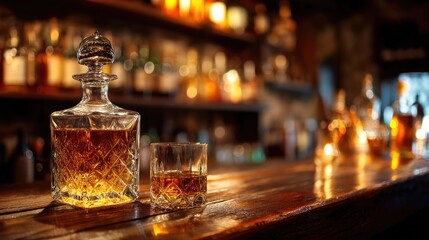 Elegant Glass Decanter and Whiskey Glass on Rustic Bar Counter