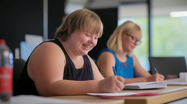 Happy Female Student with Down Syndrome Laughing and Writing in Inclusive Classroom