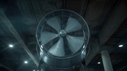 Huge industrial fan spinning in dark factory warehouse interior