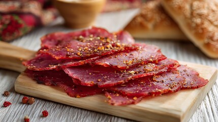 Obraz premium Armenian Basturma presented isolated on a light wooden board, thin slices of cured meat decorated with spices