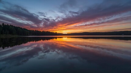 Dramatic fiery sunset reflected on calm lake water and forest silhouet