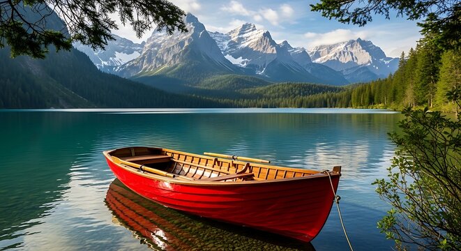 Tranquil Red Boat Floating on Peaceful Mountain Lake - Powered by Adobe
