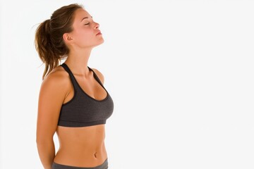 Fototapeta premium Woman is wearing a black tank top and is looking up at the sky. She is in a relaxed and peaceful state of mind