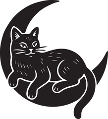 Obraz premium Linocut illustration of a cat sitting on crescent moon in bold black and white silhouette style for packaging and decorative artwork