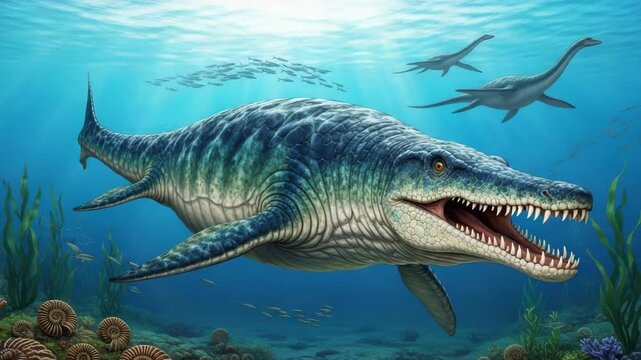 massive scaly marine reptile with sharp teeth swims in clear blue prehistoric waters Two long-necked plesiosaurs schools of fish ancient ammonites and seaweed fill the vibrant underwater scene