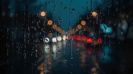 Night rain view from window colorful city lights bokeh