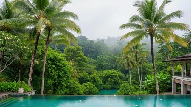 inviting infinity pool with turquoise water and floating flowers overlooks dense misty tropical jungle Tall palm trees frame the lush green landscape with traditional villa visible on the right