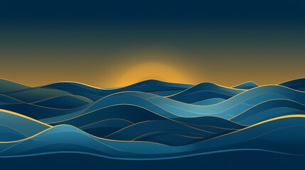 Stylized abstract ocean waves with a glowing sun setting over the horizon in a serene twilight sky
