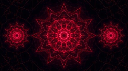 Intricate red fractal mandala patterns glowing with ethereal light against a dark background